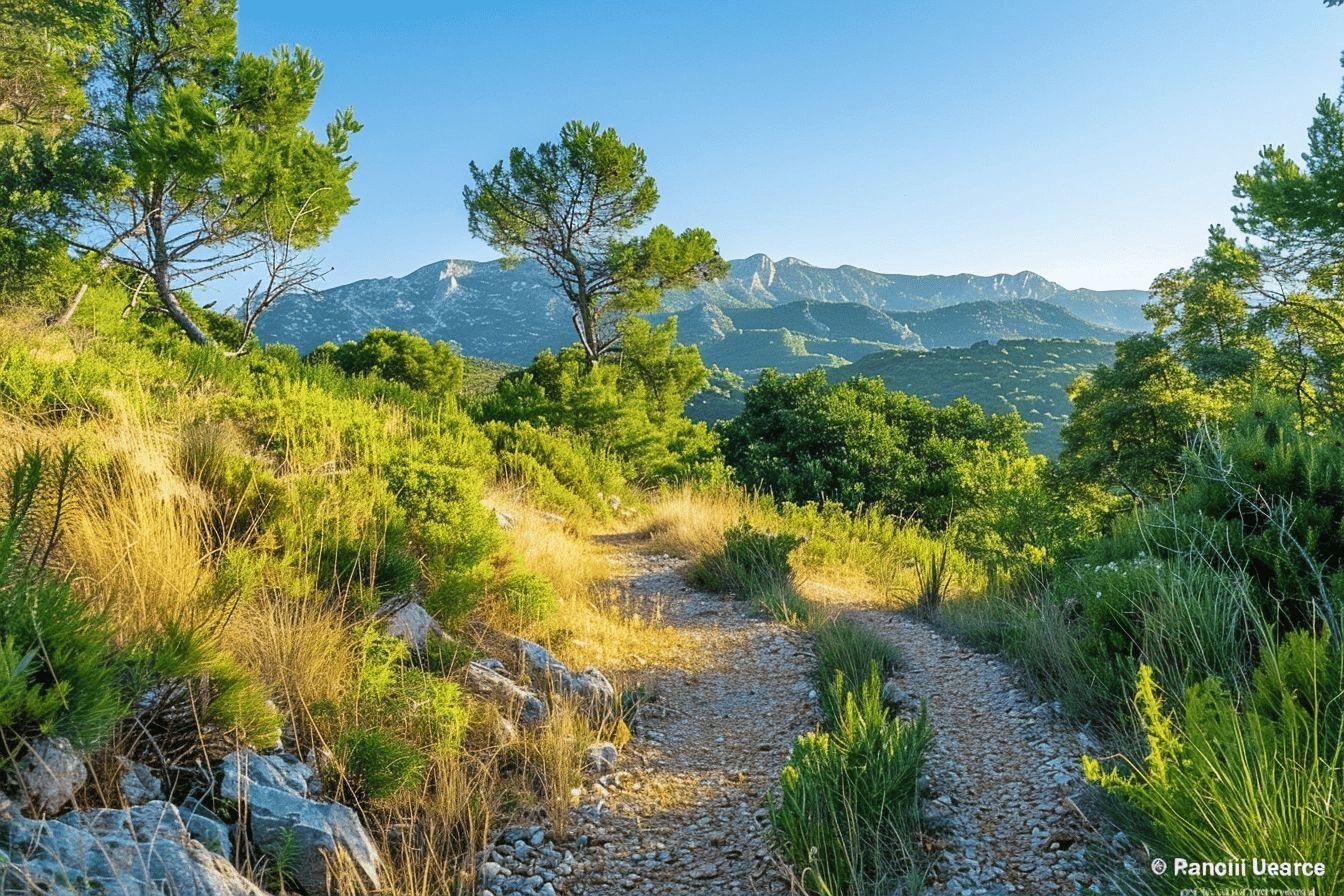 Chemin de randonn&eacute;e traversant une v&eacute;g&eacute;tation luxuriante avec des montagnes en arri&egrave;re-plan