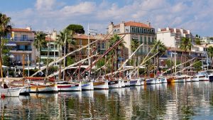 Port de Bandol et ses yachts avec les collines plantées de vignes en arrière-plan