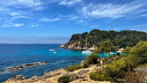 Plage de l'Estagnol avec son eau turquoise et ses pins parasols