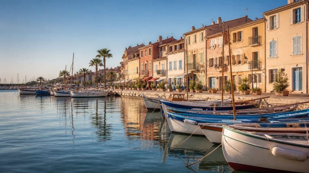Port coloré de Sanary-sur-Mer avec pointus traditionnels et façades provençales