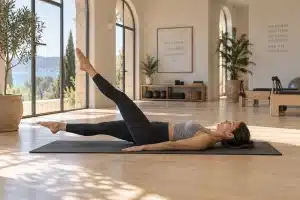 Femme pratiquant un exercice de Pilates sur tapis dans un studio lumineux ouvert sur la campagne provencale