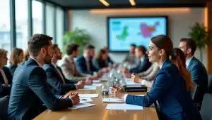 Equipe reunie en seminaire dans un cadre de travail en France