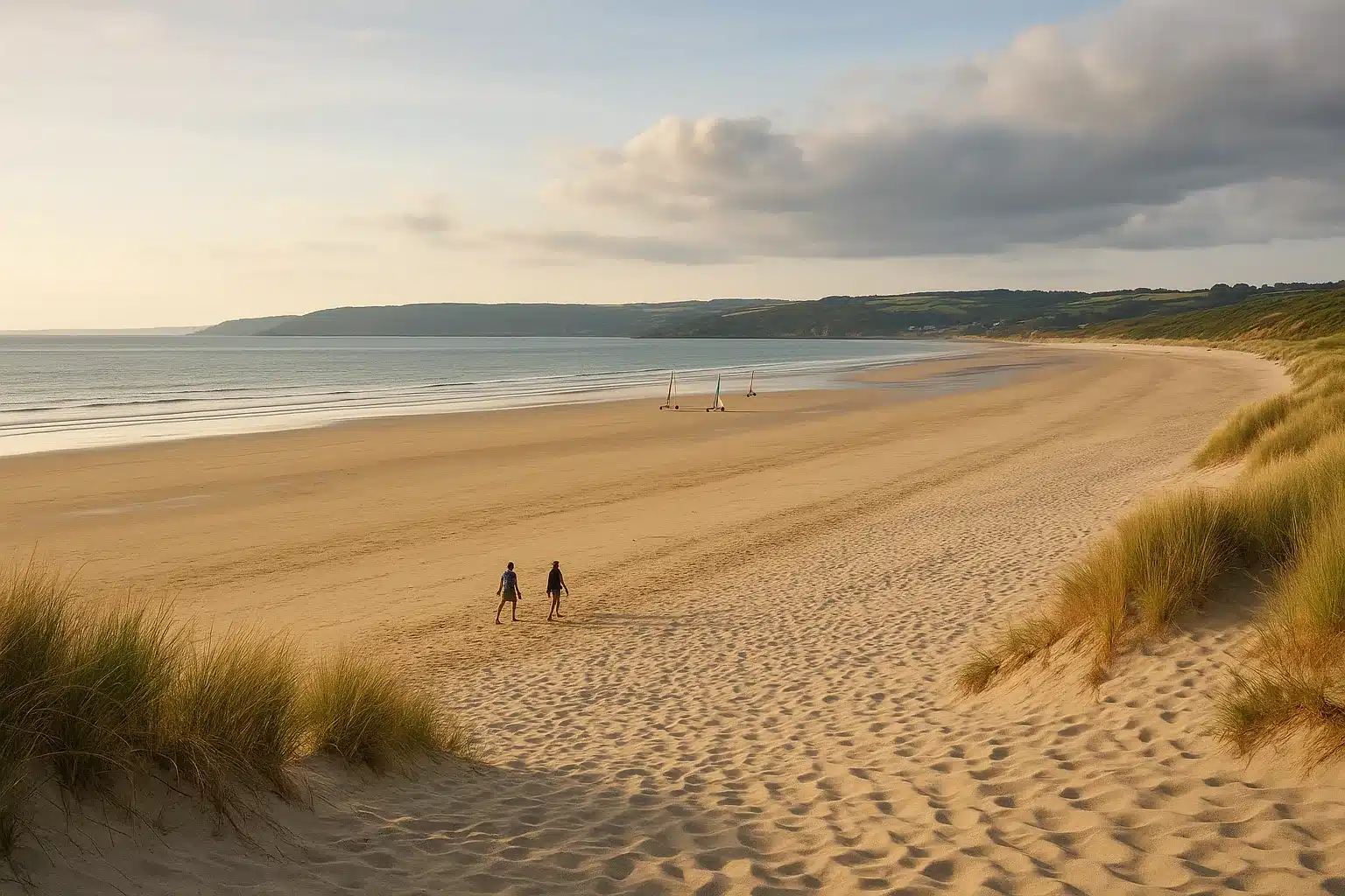 Vaste plage de sable au coucher du soleil